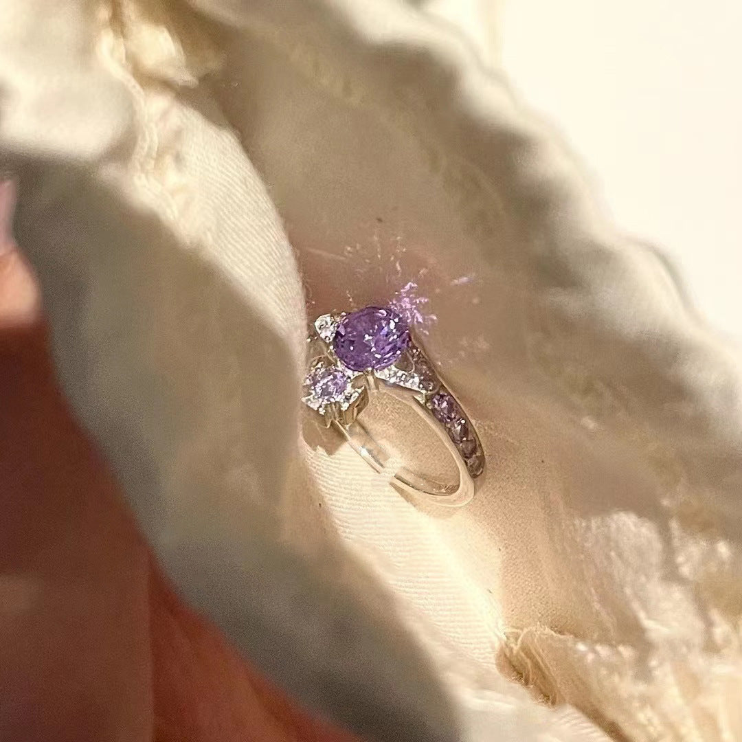 Original Design Purple Micro-Paved Titanium Steel Adjustable Open Ring with 3D Sparkling Planet and Pink Diamond Flying Saucer Shape