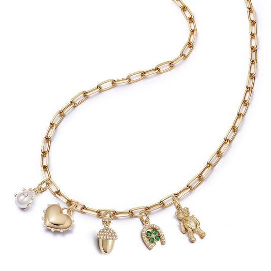 Heart Shape Brass Gemstone Inlay Necklace with Cable Chain for Women DIY Charm Bar