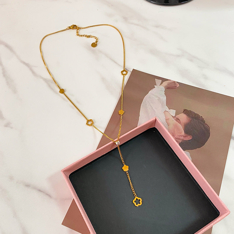 Minimalist Gold Plated Titanium Steel Floral Tassel Necklace for Unisex
