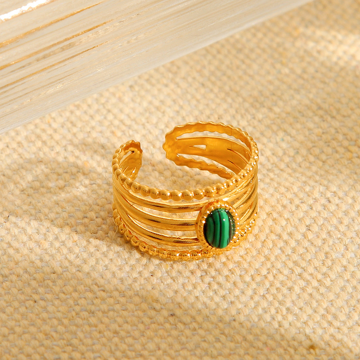 Minimalist Geometric Open Ring for Women in Titanium Steel with Electroplated Finish and Natural Malachite Inlay