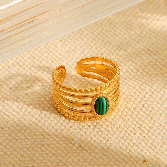 Minimalist Geometric Open Ring for Women in Titanium Steel with Electroplated Finish and Natural Malachite Inlay