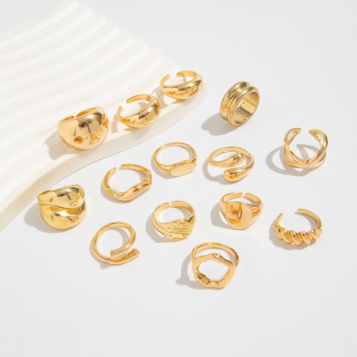 Minimalist Geometric Alloy Plated Open Ring Set with Pearl Inlay for Women