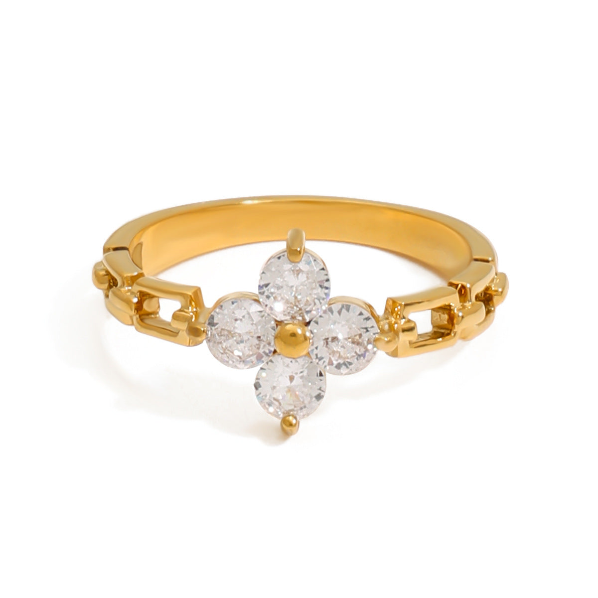 Elegant Geometric Four-Leaf Clover Stainless Steel Ring with Cubic Zirconia Plating for Women