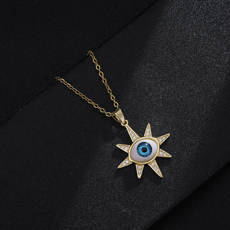 Collana vintage con occhio di Allah geometrico per uomo e donna in rame placcato oro su catena a maglie ovali