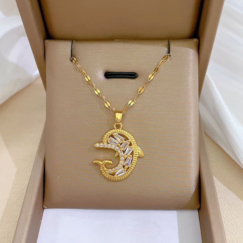 Minimalist Dolphin Pendant Necklace for Women in Titanium Steel with Rhinestone Inlay on Delicate Clavicle Chain