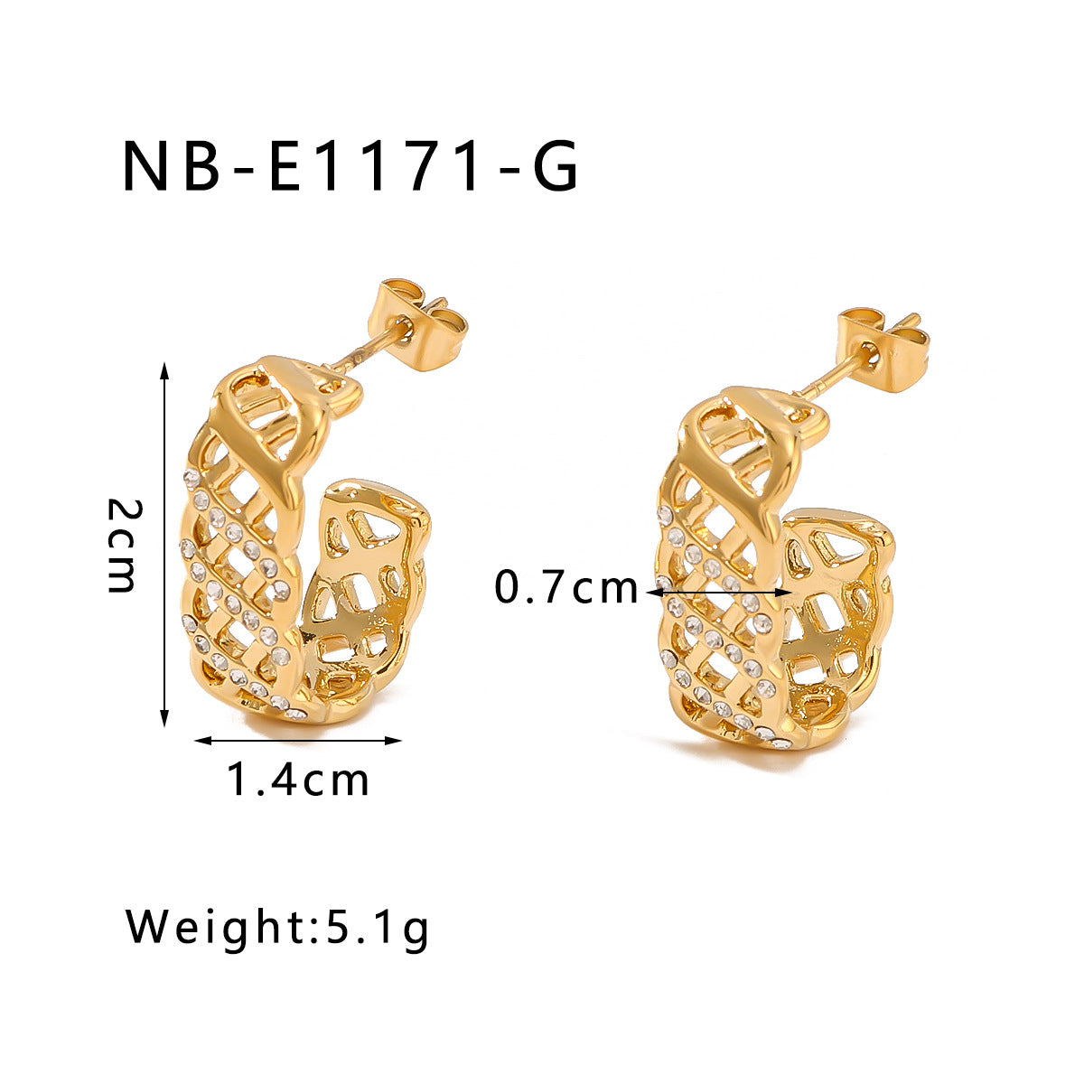 Geometric Stainless Steel Earrings with Plated 18K Gold Finish, Hollow Grid Pattern and Full Rhinestone Inlay for Women