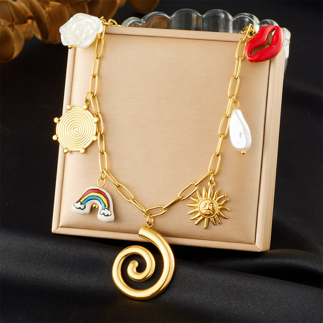 Elegant Geometric Rainbow Ceramic Flower Lips Sun Drip Oil Stainless Steel Necklace with Curb Chain