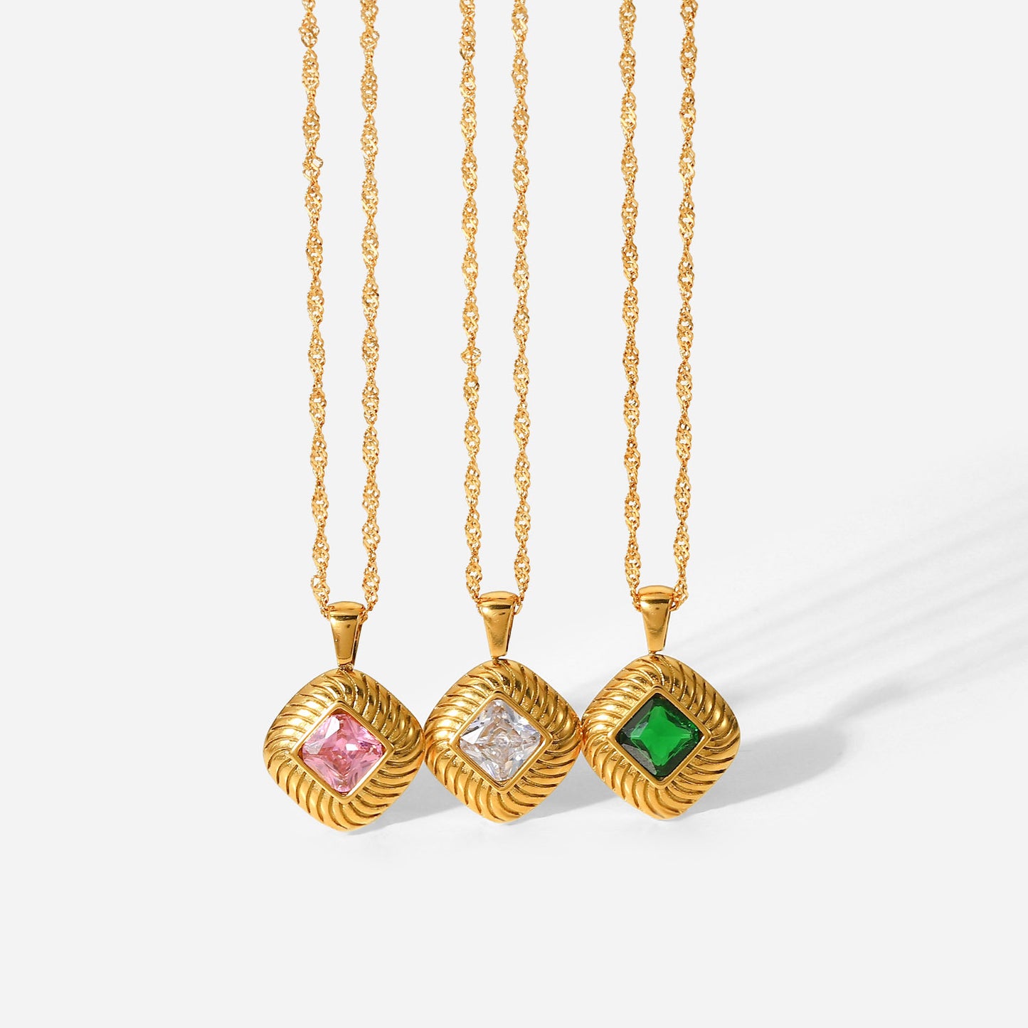 INS Style Stainless Steel Necklace with 18K Gold Plated Square Textured Button Pendant and White Pink or Green Cubic Zirconia for Women