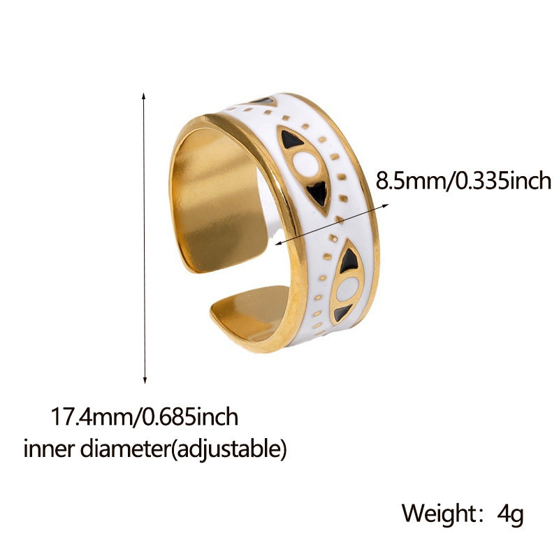 Minimalist Evil Eye Titanium Steel Ring with Enamel Detailing Adjustable Open Band for Unisex Wear