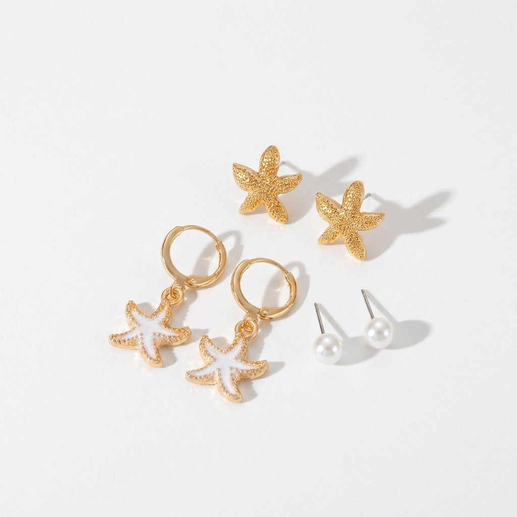 Elegant Alloy Starfish and Pearl Stud Earrings with Shell Elements