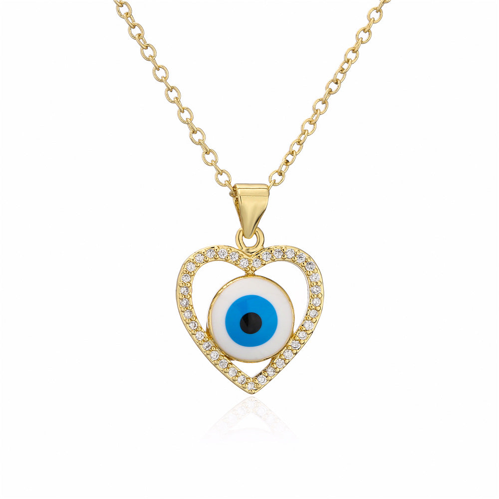 18K Gold Plated Brass Heart Star Evil Eye Pendant Necklace with Cubic Zirconia Inlay on Cable Chain