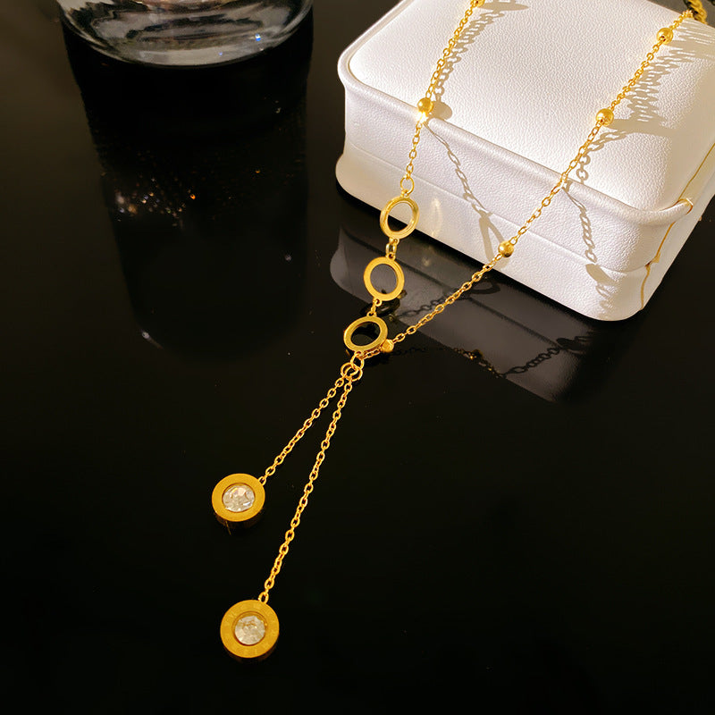 Sweet Streetwear Micro-set Cubic Zirconia Number Tassel Titanium Steel Necklace for Unisex