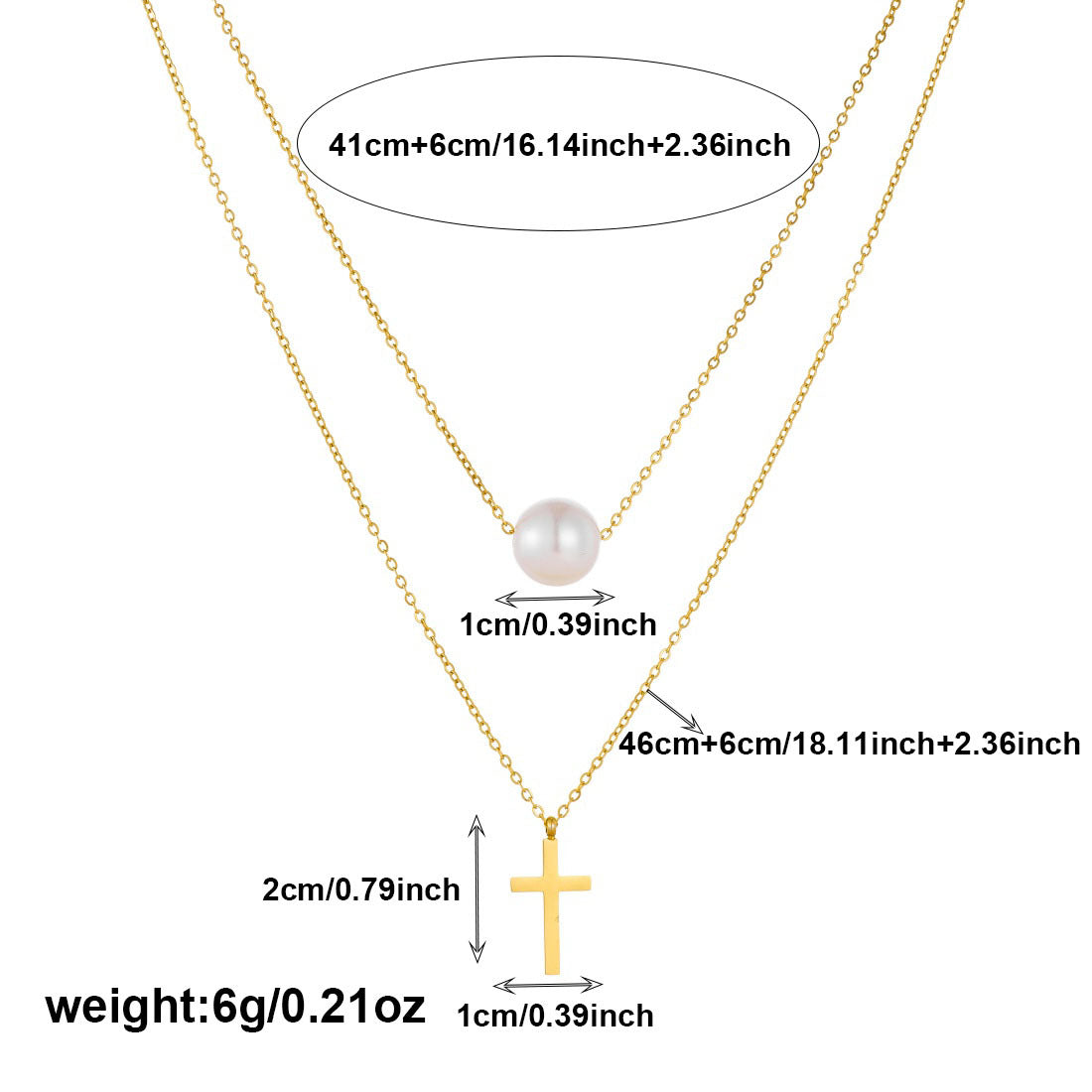Gold Plated Stainless Steel Cross Pearl Pendant Necklace Double Layer Fine Chain for Women