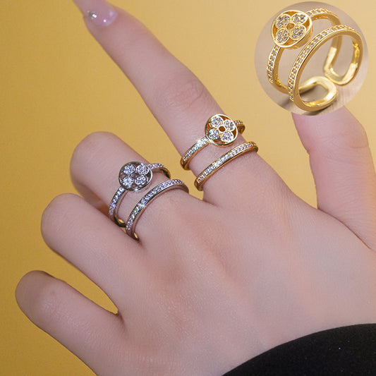 Luxury-Style Clover-Shaped Double-Layer Ring for Women with Zircon Inlay and Gold-Plated Copper Band