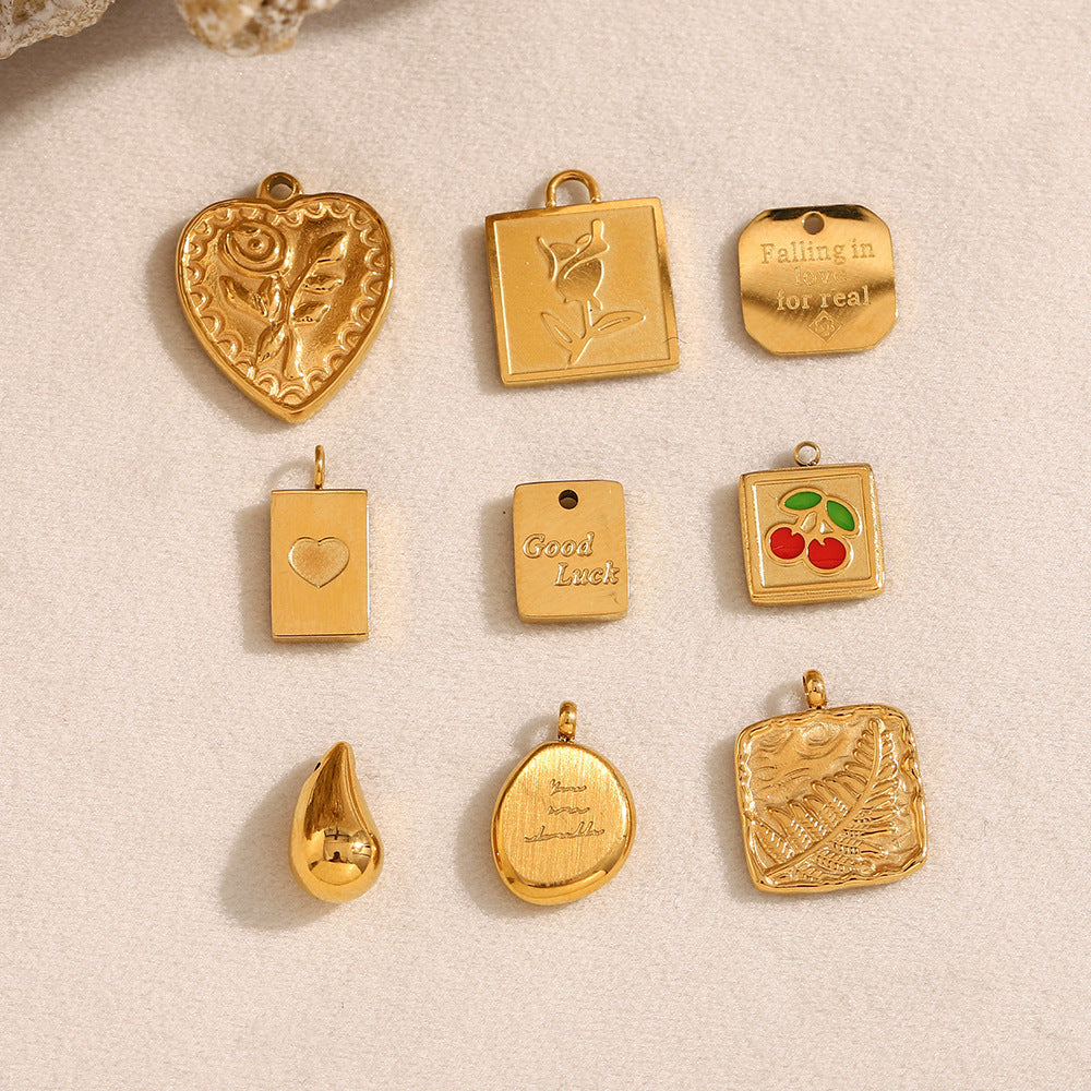 18K Gold Plated Drip Oil Heart Teardrop Floral Stainless Steel Charm Bar