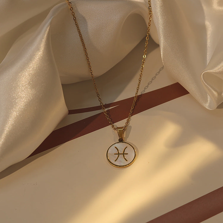 Collana con ciondolo zodiacale in stile INS in acciaio inossidabile con placcatura in oro 18 carati, catena a onda d'acqua, da donna