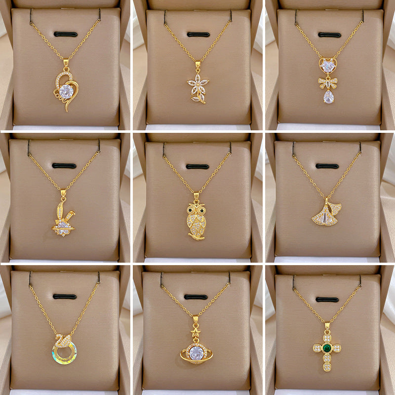 Collar de acero de titanio geométrico minimalista de lujo con incrustaciones de diamantes de imitación para mujer