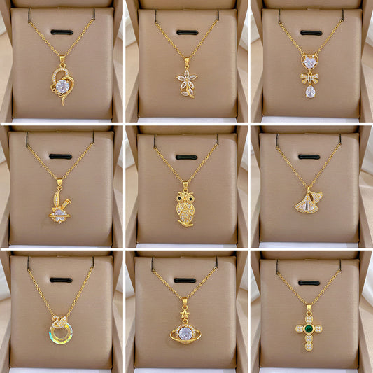 Collar de acero de titanio geométrico minimalista de lujo con incrustaciones de diamantes de imitación para mujer