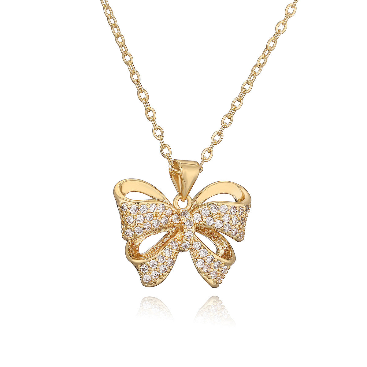 Collana con Ciondolo Minimalista a Forma di Fiocco in Rame, Placcata Oro e Zirconi per Donna