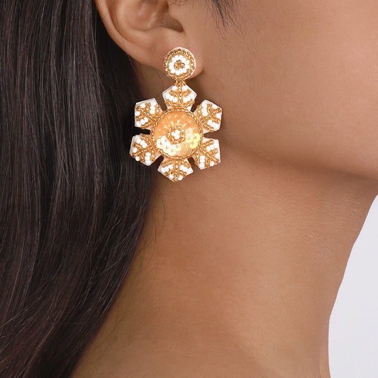 Sweet and Edgy Geometric Snowflake Sequin and Seed Bead Handwoven Earrings for Women