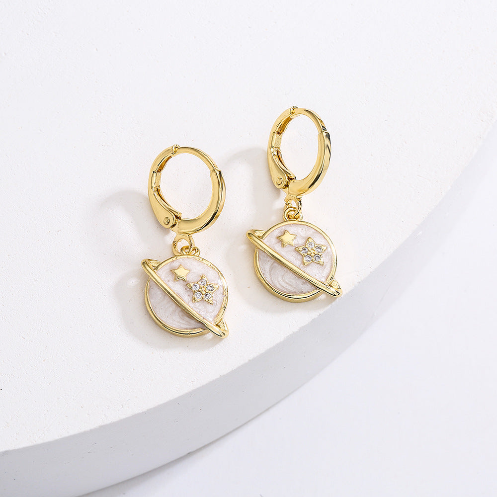 Minimalist Geometric Earrings for Women Made of Copper with Gold Plating and Enamel Finish, Micro-Paved Zirconia Accent
