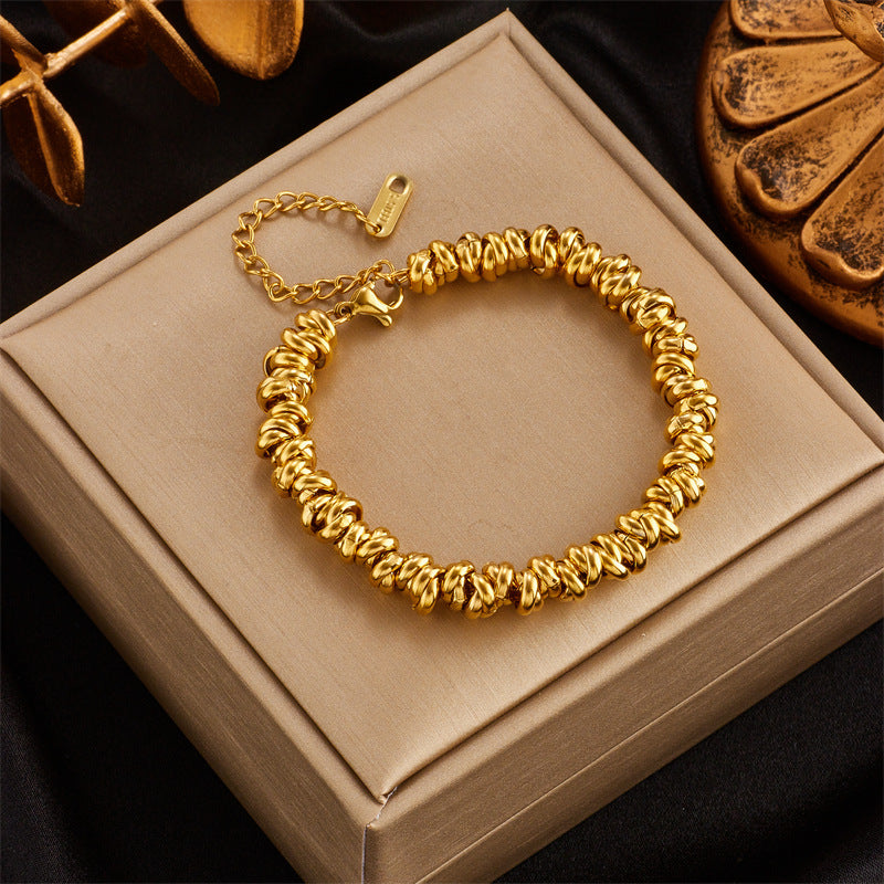 Pulsera Trenzada de Cuentas de Acero de Titanio Minimalista a la Moda con Eslabones Circulares y Acabado Chapado