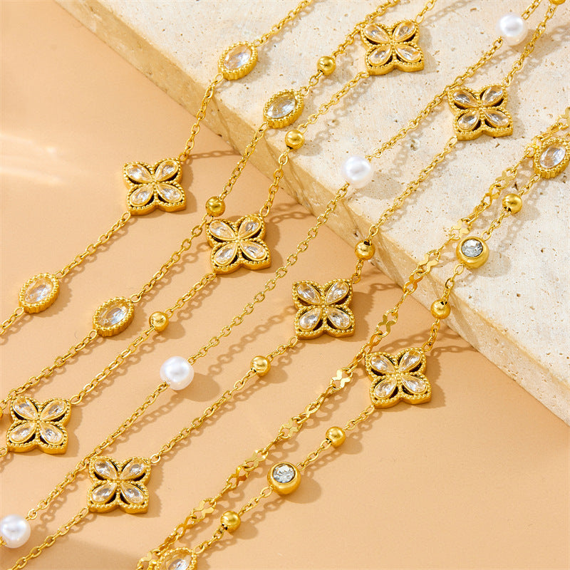 Luxury Elegant Geometric Floral Rhinestone Inlay Stainless Steel Double Layer Bracelet with Pearl