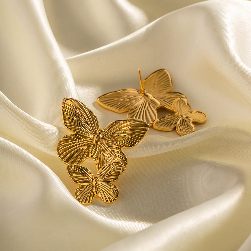 Vintage French Palace Style Matte Antique Gold Stainless Steel Butterfly Geometric Earrings