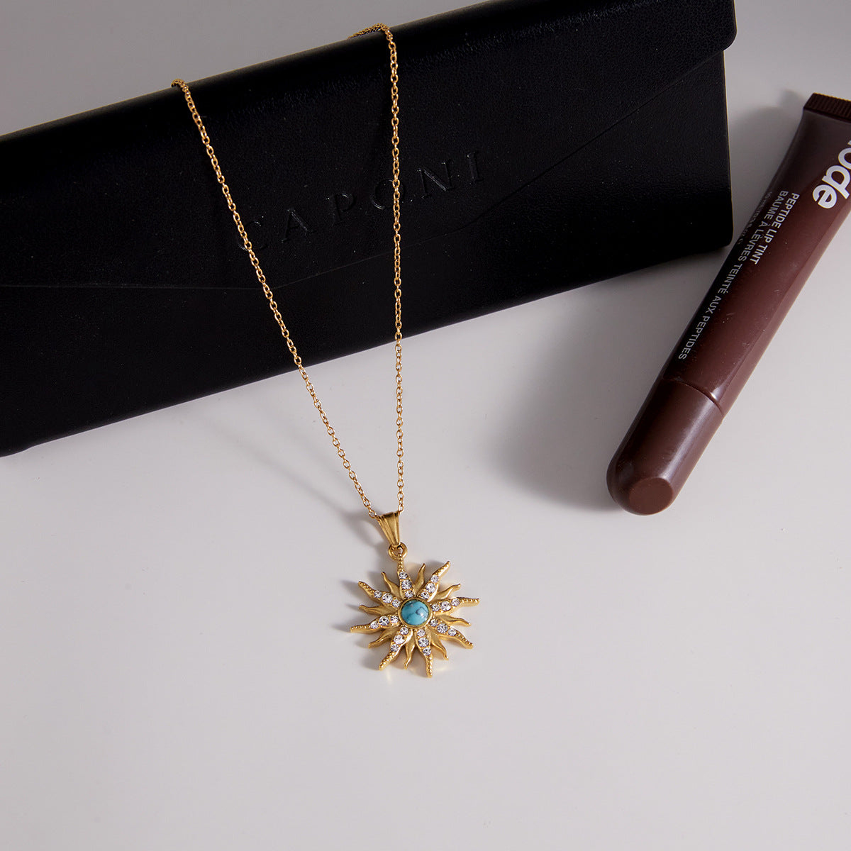 Minimalist Geometric Sun Stainless Steel Necklace with Turquoise and Rhinestone PVD Plated for Women