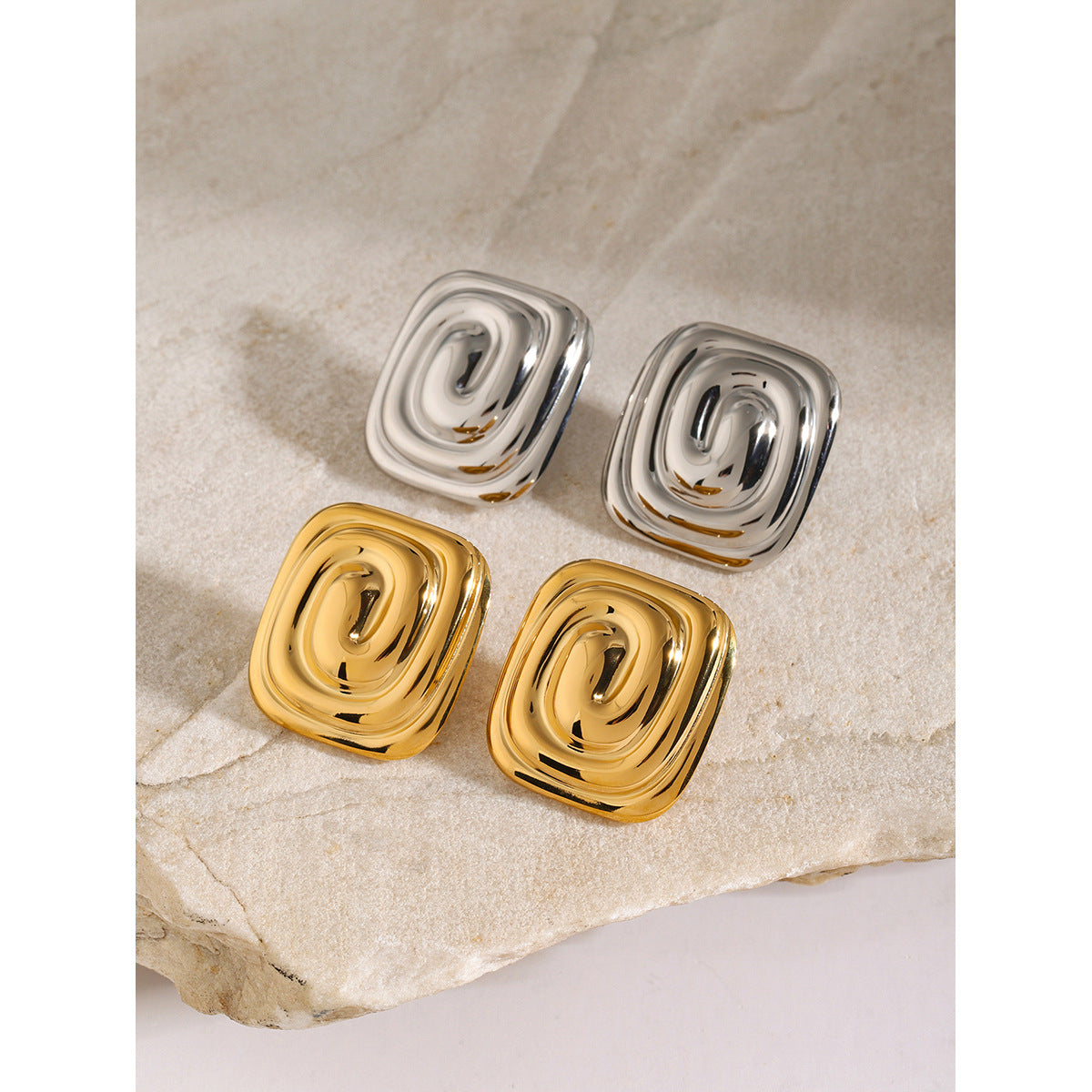 Orecchini a spirale rettangolari geometrici in acciaio inossidabile placcato oro 18K di tendenza per donna