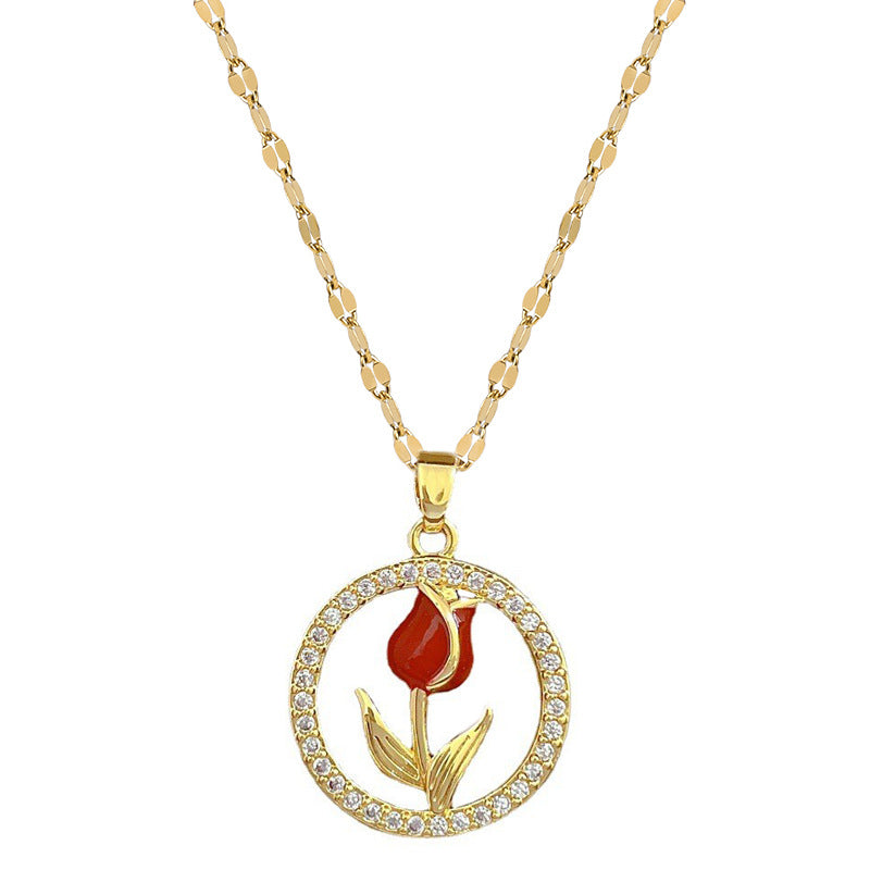 Collana con ciondolo a rosa geometrico floreale, dolce e di lusso, in acciaio al titanio per unisex