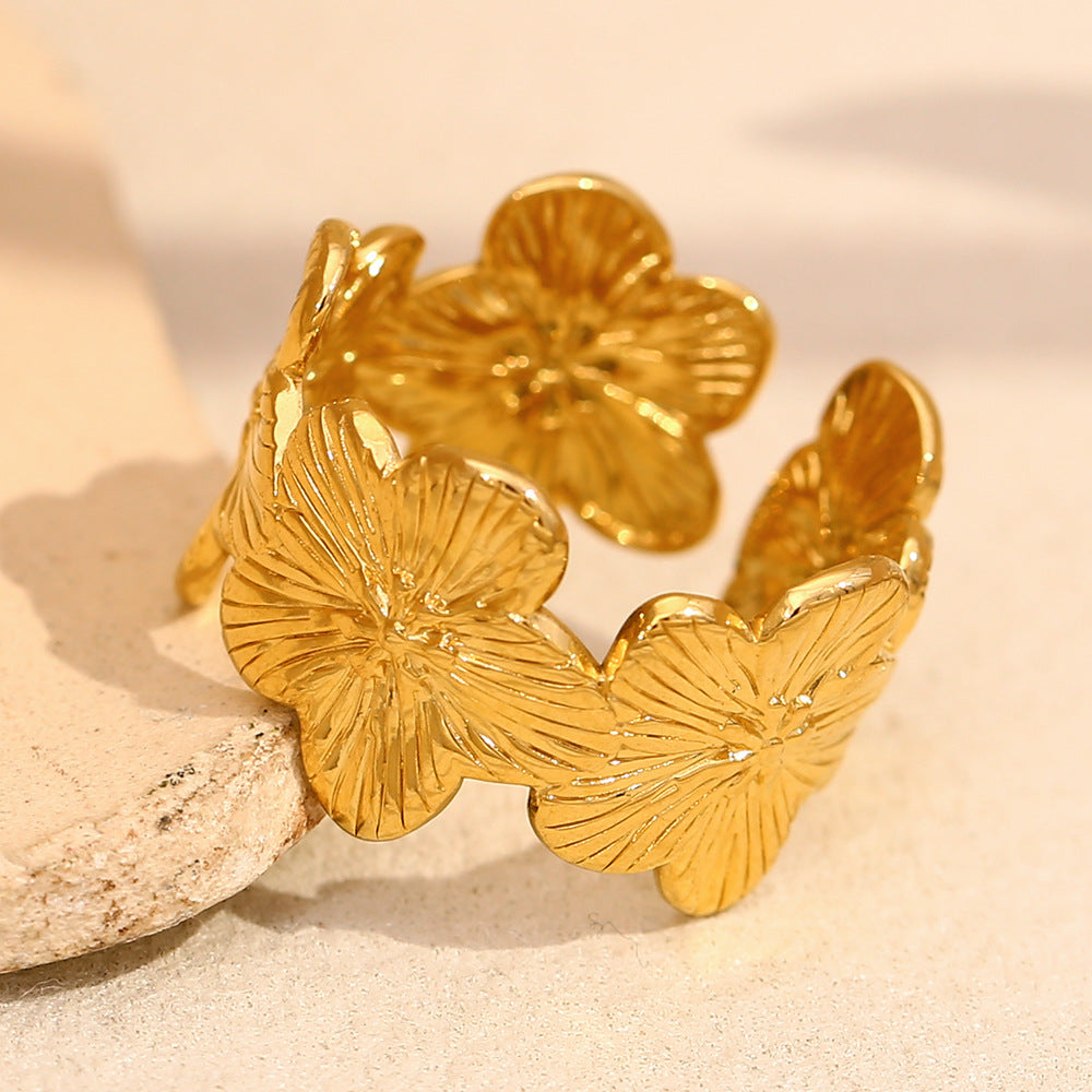 Vintage-Inspired Floral Open Ring for Women in Stainless Steel with 18K Gold Plating