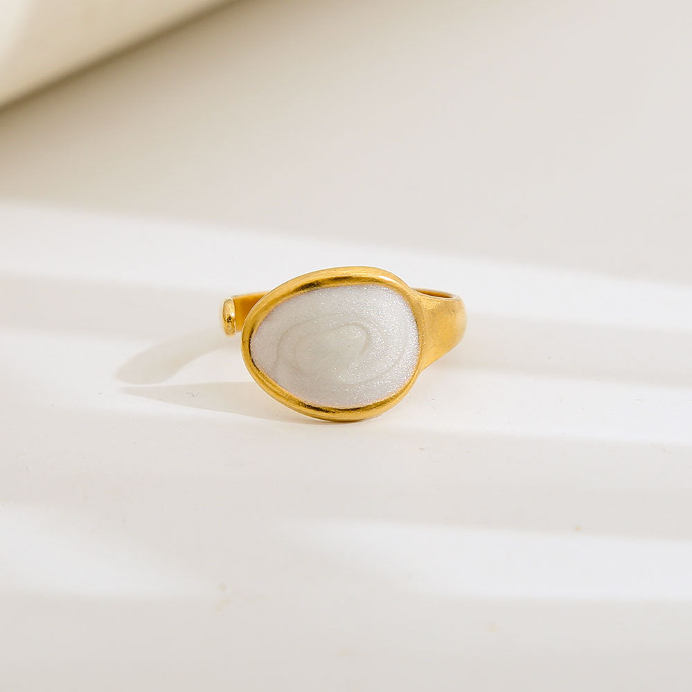 Anello Geometrico Rotondo in Acciaio al Titanio con Smalto Bianco e Nero Stile Vintage Fascia Aperta Regolabile