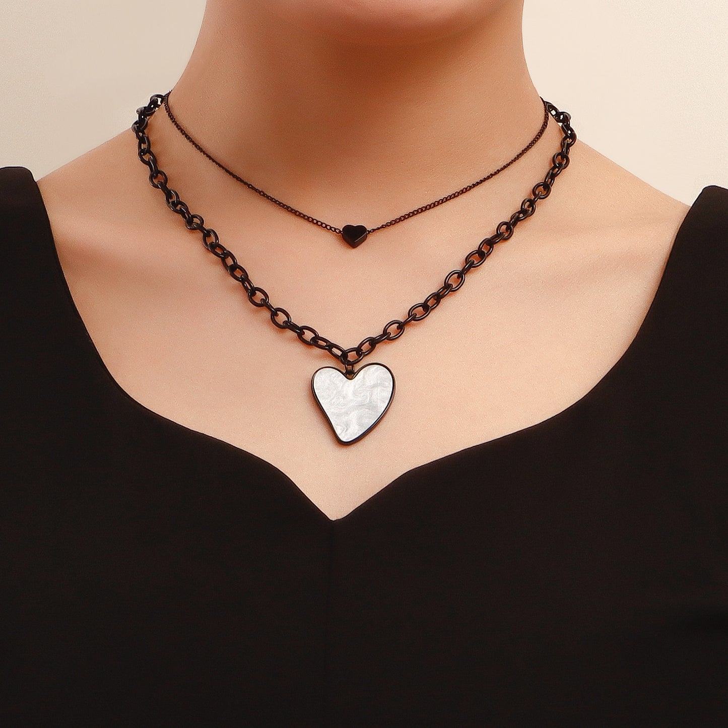 Minimalist Heart-Shaped Alloy Pendant Necklace with Plated Finish for Women Double-Layer Clavicle Chain