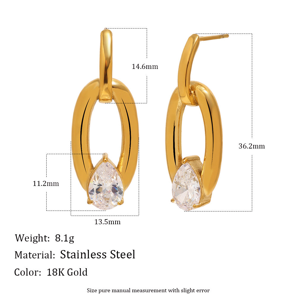Minimalist Luxury 18K Gold Plated Stainless Steel Oval Teardrop Geometric Cubic Zirconia Earrings for Women