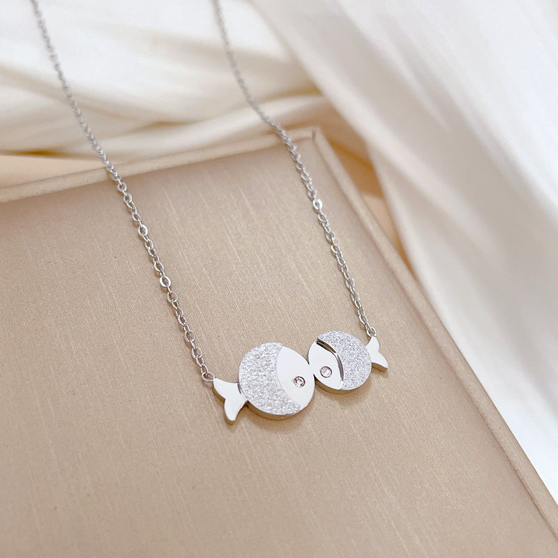 Minimalist Kissing Fish Pendant Necklace in Titanium Steel with Gold Plating for Women and Men