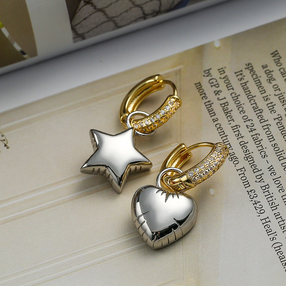 Orecchini da donna in zircone a forma di stella e luna asimmetrici minimalisti in rame con design geometrico