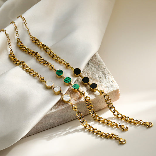 Bracciale geometrico minimalista in acciaio al titanio da donna con intarsio in conchiglia Accessorio di moda d'ispirazione vintage