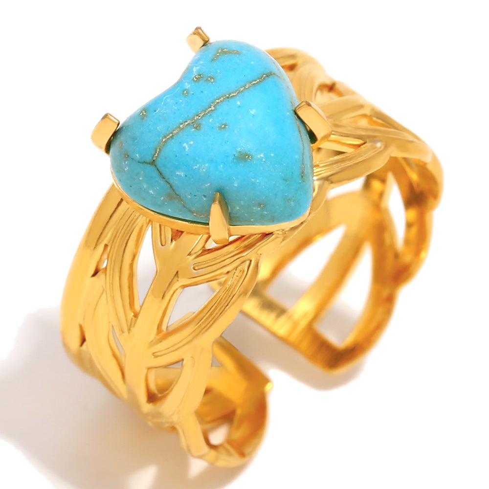 Vintage Style Geometric Turquoise Heart Opening Ring in Stainless Steel with 18K Gold Plating for Women