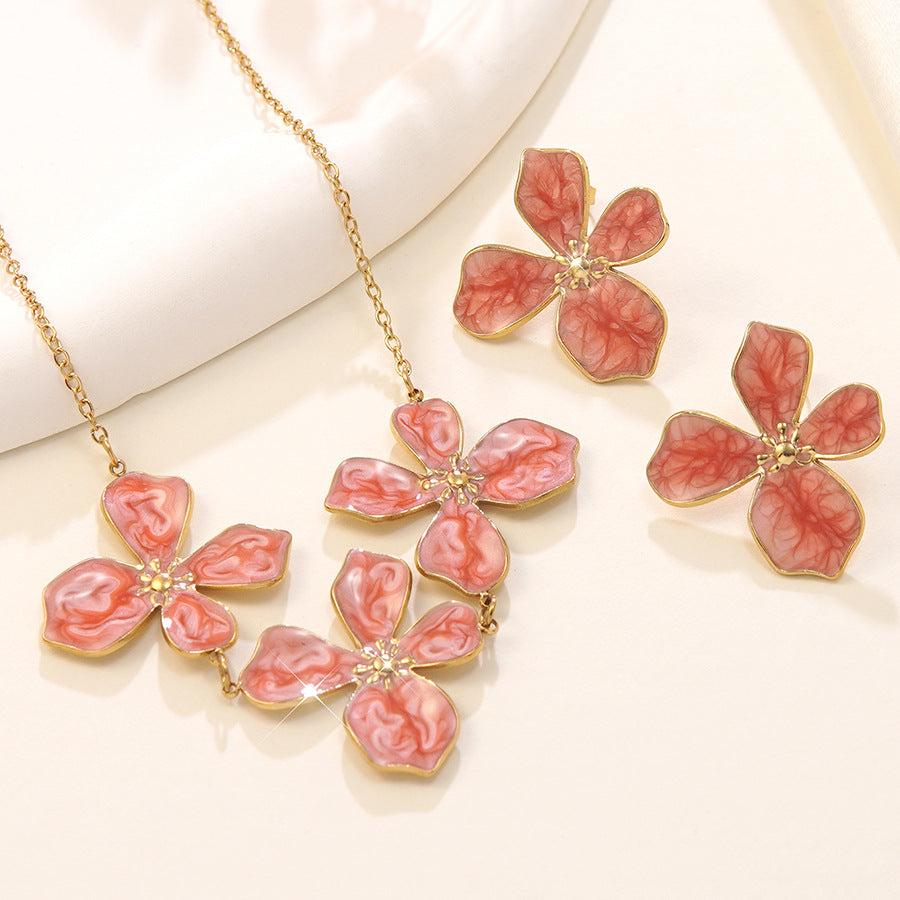 Vintage Sweet Drip Oil Floral Stainless Steel Necklace and Earring Set for Women