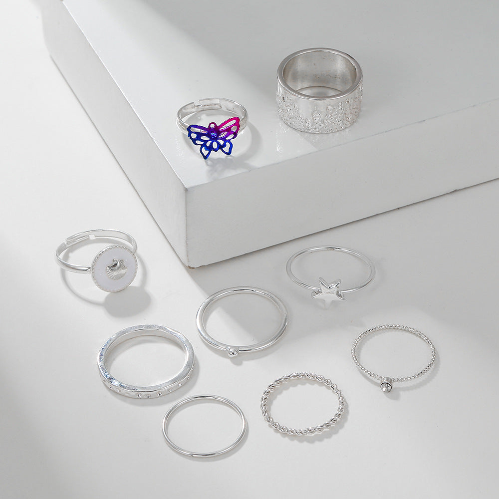 Sweet Silver Plated Alloy Butterfly Star Shell Rhinestone Crystal Geometric Ring Set