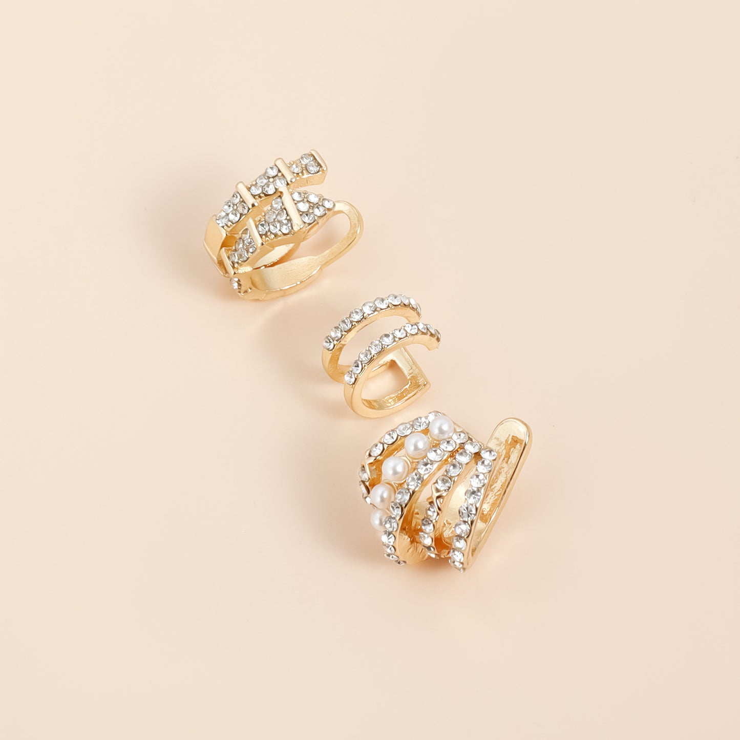 Fashionable Geometric U-Shaped Alloy Ear Clips with Pearl and Crystal Inlay for Women