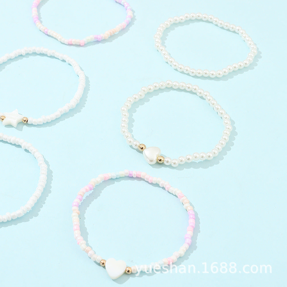 Sweet Cute Children's Heart and Star Shaped Glass Beaded Pearl Bracelet Set for Girls in Princess Style