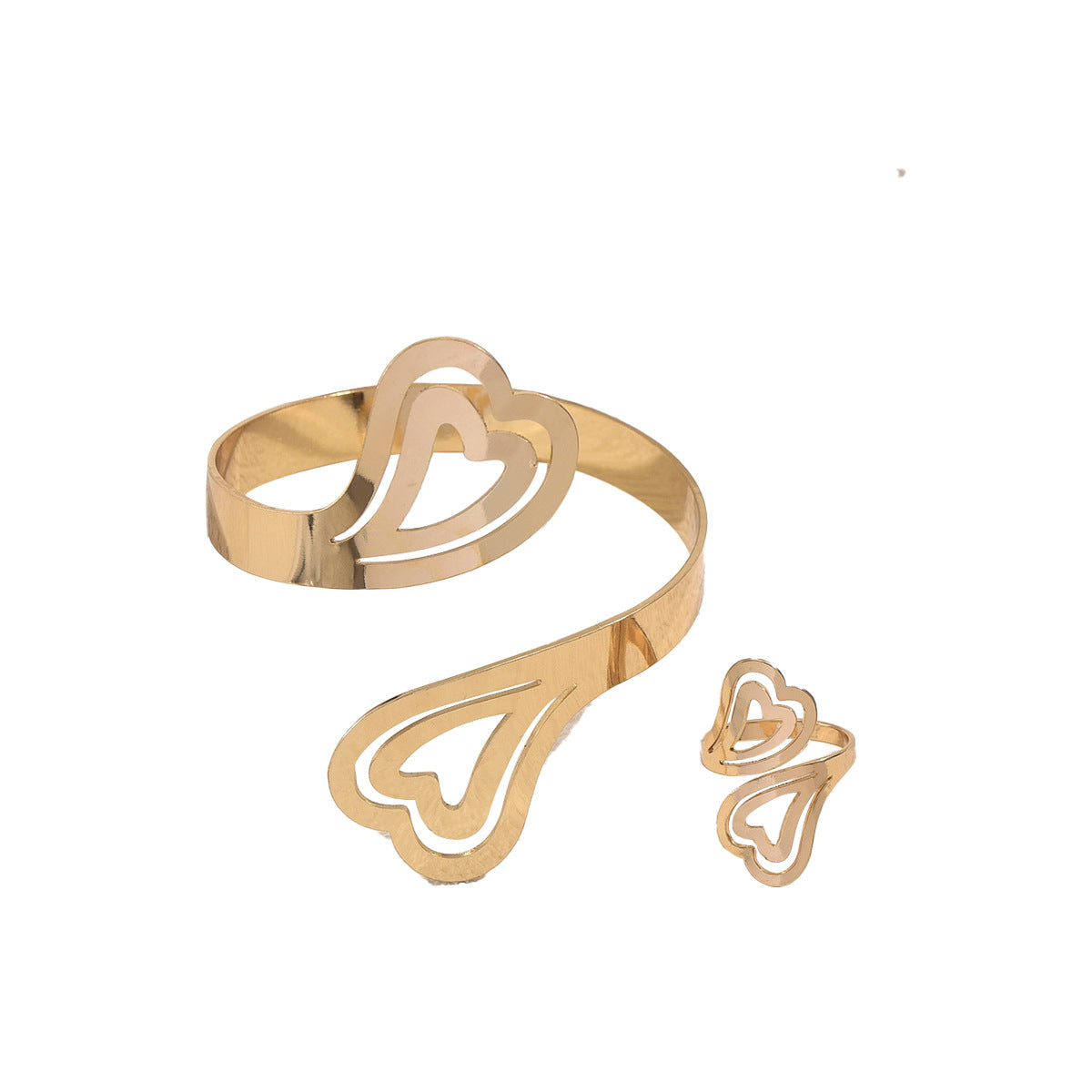 Conjunto de pulsera y anillo de aleación de zinc chapado en oro de 18 quilates con diseño de corazón para mujer