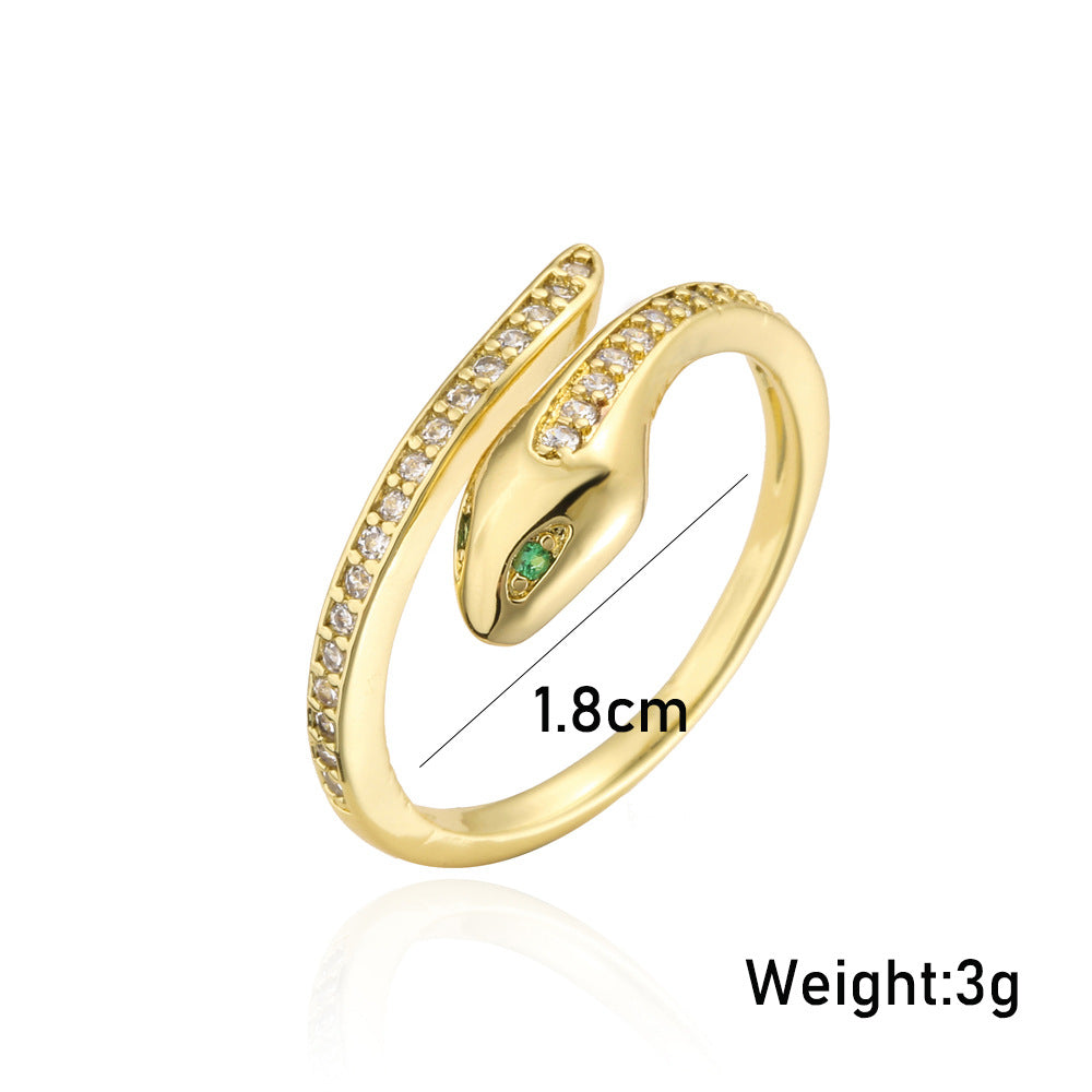 Minimalist Green-Eyed Snake-Shaped Ring for Women in Copper with 18K Gold Plating and Zircon Inlay