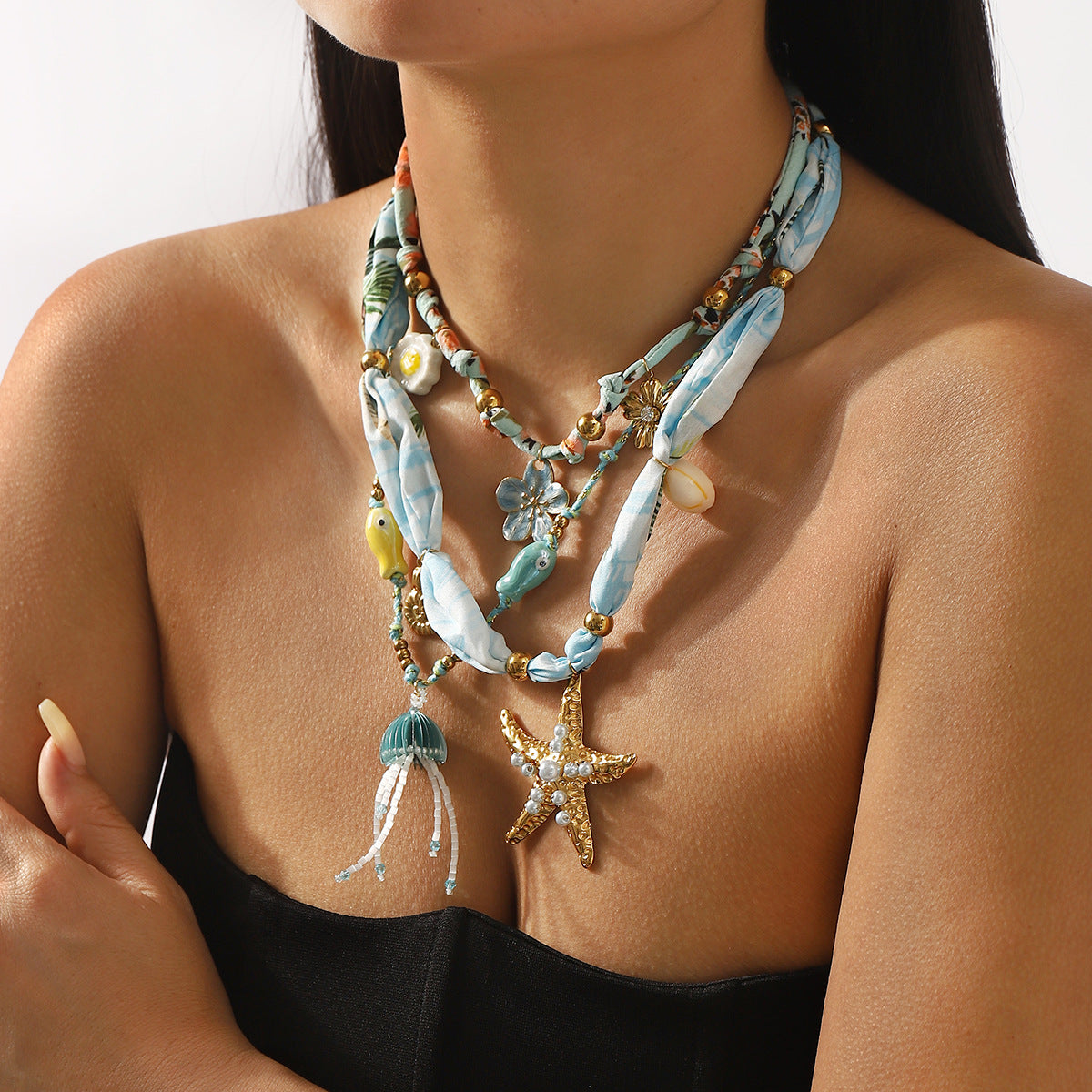 Collar con colgante de estrella de mar estilo INS para mujer con cadena de acero inoxidable bañada en oro de 14 quilates y detalles de esmalte con diseño geométrico