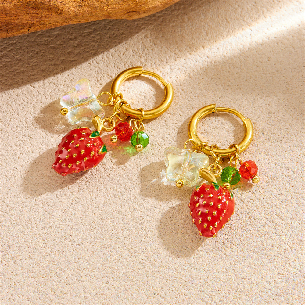 Sweet Gold Plated Drip Oil Stainless Steel Round Strawberry Drop Earrings