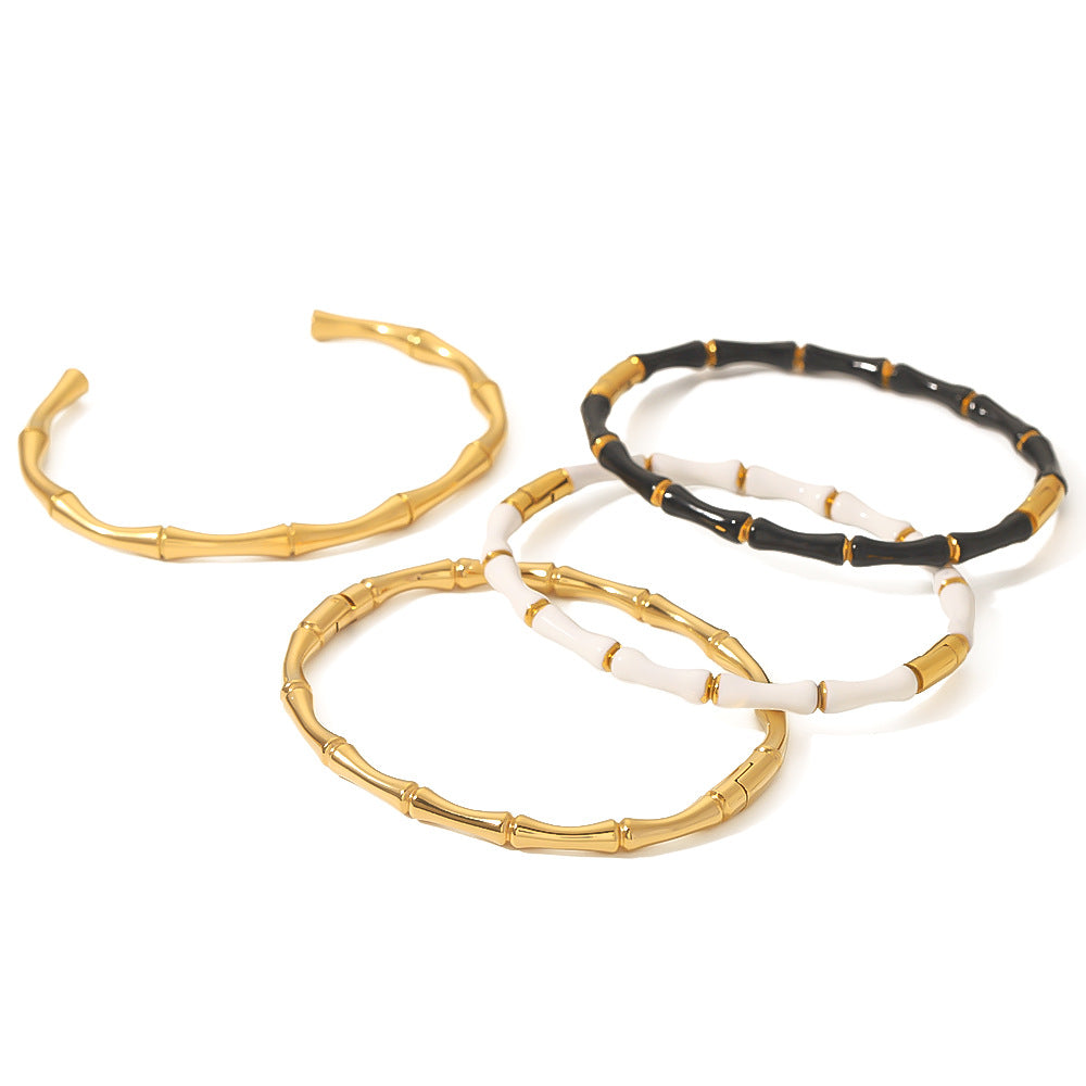 Minimalist Bamboo-Shaped Titanium Steel C-Clasp Bracelet for Women with Plated Finish