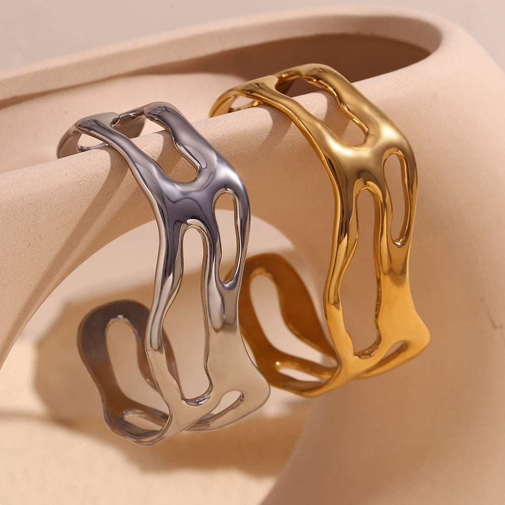 Minimalist Wave Hollow Stainless Steel Bracelet for Women with 18K Gold Plating