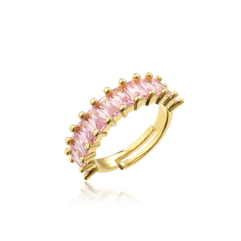Anello in Rame con Forma Geometrica, Zirconi Micro-Incastonati, per Donna, con Fascia Aperta Regolabile Placcata Oro